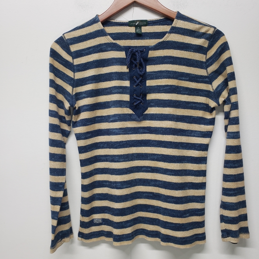 LRL Lauren Jeans Co Top Long Sleeve Thermal Breton Stripes Size M Y2K Od Money